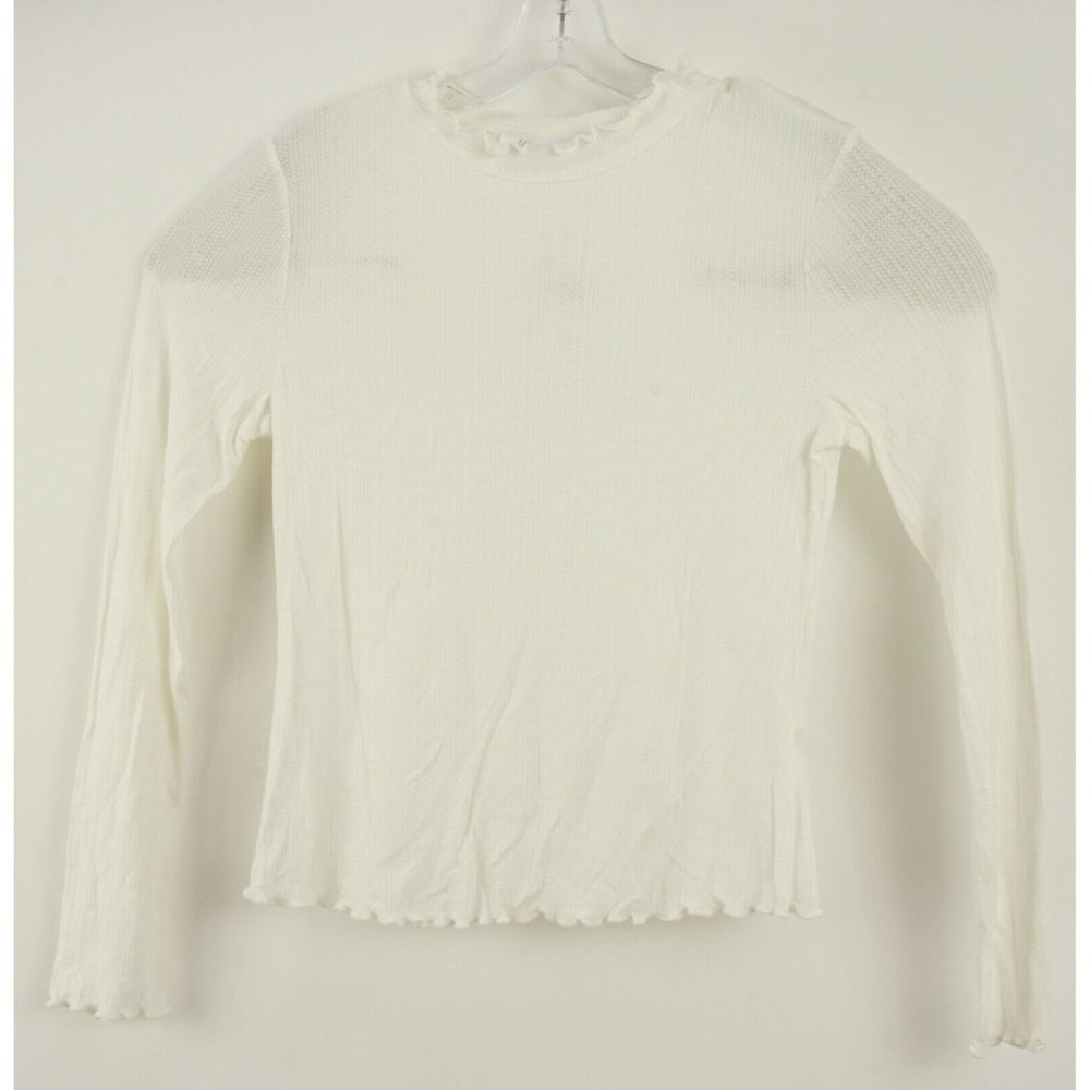 New All in Favor Women's Large Long Sleeve Ivory Textured Knit Lettuce Edge Top